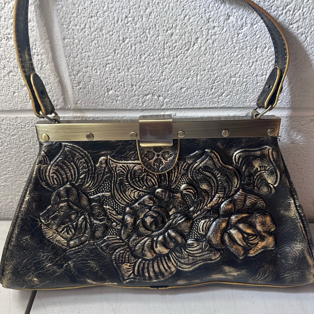 Patricia Nash Elegant Black and Gold Floral Handbag
